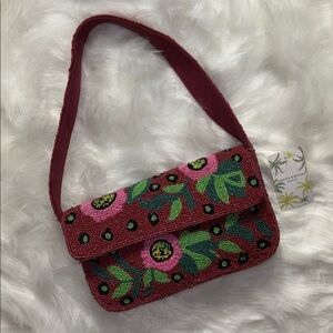 🌸 America & Beyond Red Floral Beaded Shoulder Bag NWT Boho 70s 🌿